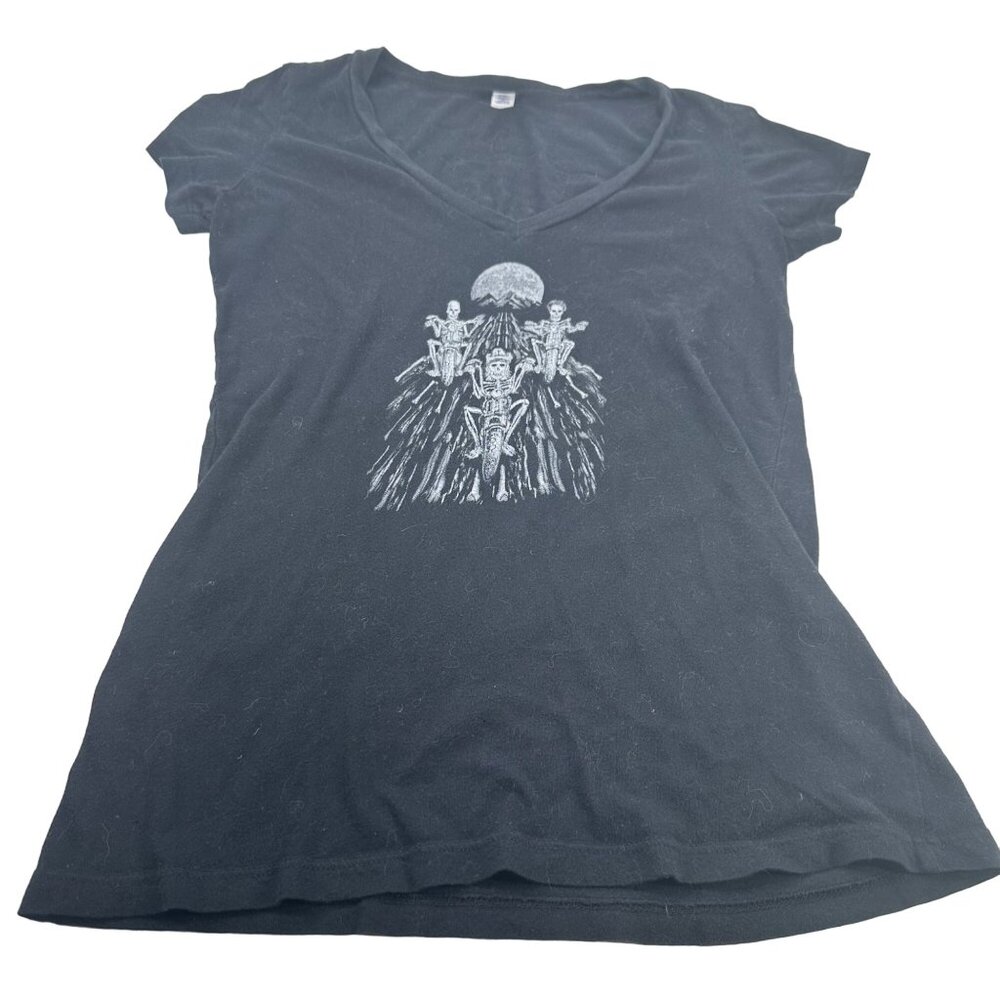 Bella Women's Size Medium Black Graphic Tee With Skeleton Bikers And Moon Design